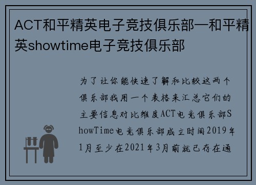 ACT和平精英电子竞技俱乐部—和平精英showtime电子竞技俱乐部